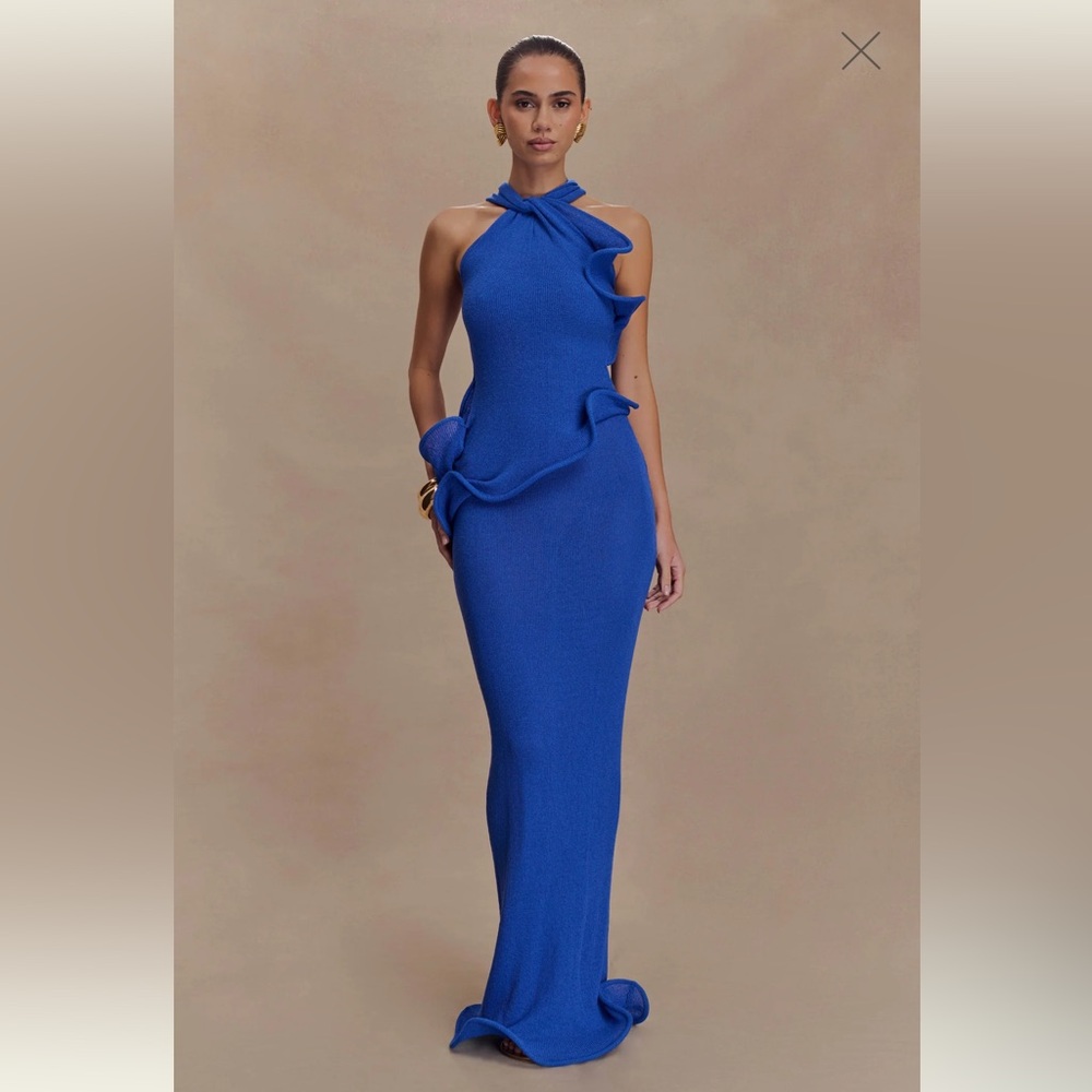 Meshki Electric Blue Halter Ruffle Maxi Dress